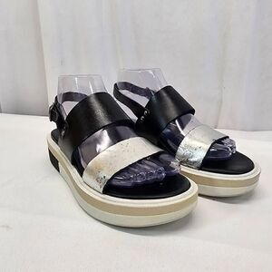 Carlo Pera Black and Metallic Leather Double Strap Platform Sandals Size 37EU 6.